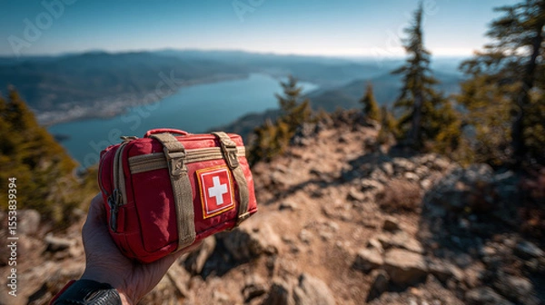 Fototapeta A hand grips a first aid kit during a hiking trip, with a scenic mountain view in the background, emphasizing safety on adventures