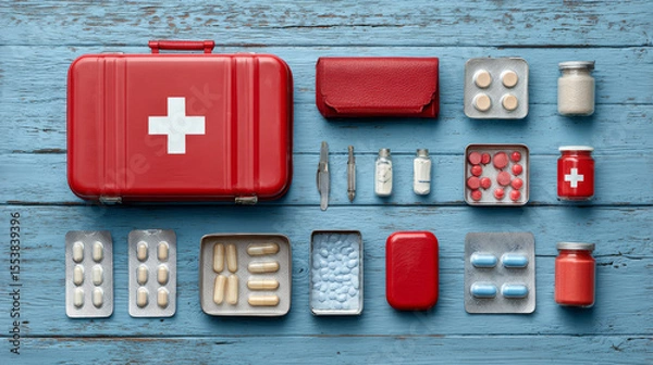 Fototapeta A first aid kit is shown up close on a blue wooden surface, arranged neatly for visual clarity