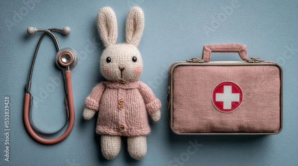 Fototapeta A playful first aid kit setup includes a toy bunny and stethoscope, photographed against a blue background from above