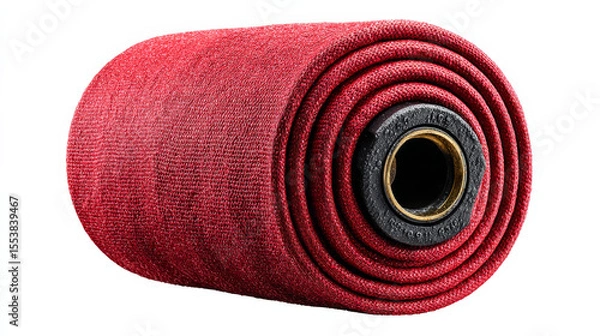 Fototapeta A red fire hose, tightly rolled and photographed with a white background and clipping path for design purposes