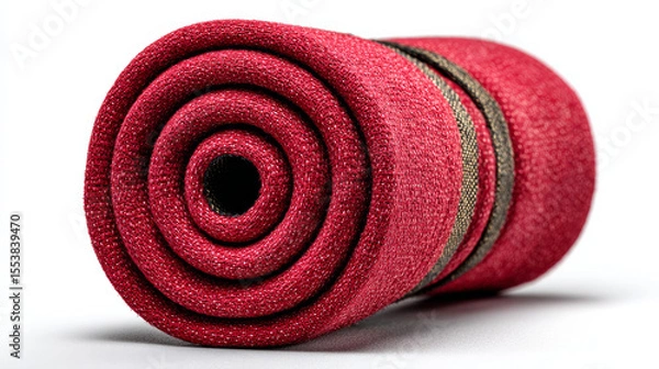 Fototapeta A red fire hose, tightly rolled and photographed with a white background and clipping path for design purposes