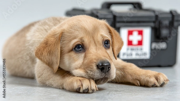 Fototapeta A sick or injured puppy lies beside a first aid kit box, isolated against a white background