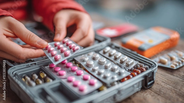 Fototapeta A woman's hands organize a blister pack of pills inside a first aid kit, illustrating medical preparedness and proper storage