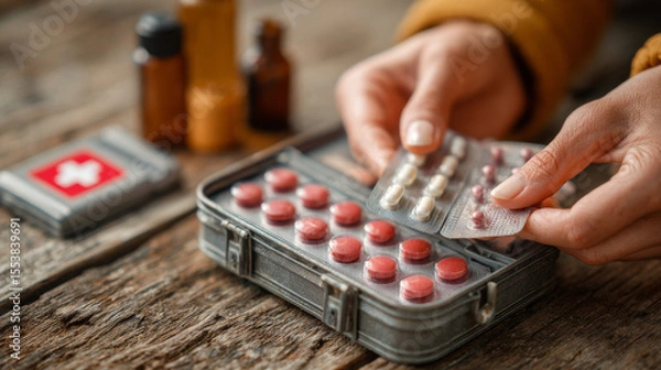 Fototapeta A woman's hands organize a blister pack of pills inside a first aid kit, illustrating medical preparedness and proper storage