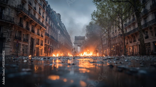 Fototapeta Paris, France - May 1, 2023: May Day demonstrations turned violent as some protesters ignited fires and vandalized businesses during labor celebrations
