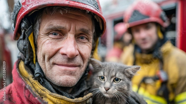 Fototapeta Wearing a red helmet and safety suit, a heroic firefighter holds a saved cat, while another stands blurred by the fire engine--capturing a rescue scene