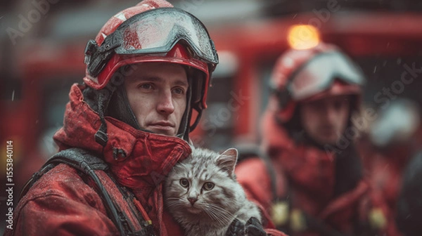 Fototapeta Wearing a red helmet and safety suit, a heroic firefighter holds a saved cat, while another stands blurred by the fire engine--capturing a rescue scene