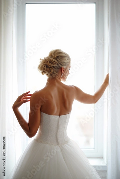 Obraz A bride in a strapless wedding gown stands by the window, softly touching the curtains while looking outside. The golden light enhances the serene moment. Generative AI.