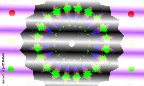 Fototapeta "Vibrant digital mandala with green and red geometry radiates symmetrically on a purple-white gradient. Corner circles echo the central motif, enhancing balance."