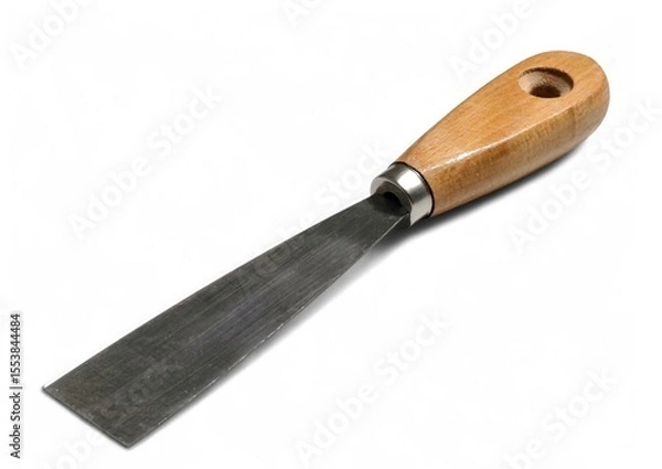 Fototapeta Photo of a painter's putty knife with a wooden handle and flat metal blade, ideal for spreading, scraping, and smoothing putty or paint in painting and surface preparation tasks.