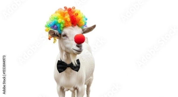 Obraz A goat dressed as a clown with a colorful wig, red nose, and bow tie. Humorous and surreal animal portrait on white background