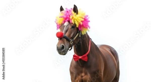 Obraz A horse dressed as a clown with a colorful wig, red nose, and bow tie. Humorous and surreal animal portrait on white background