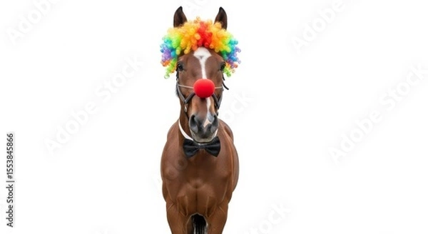 Obraz A horse dressed as a clown with a colorful wig, red nose, and bow tie. Humorous and surreal animal portrait on white background