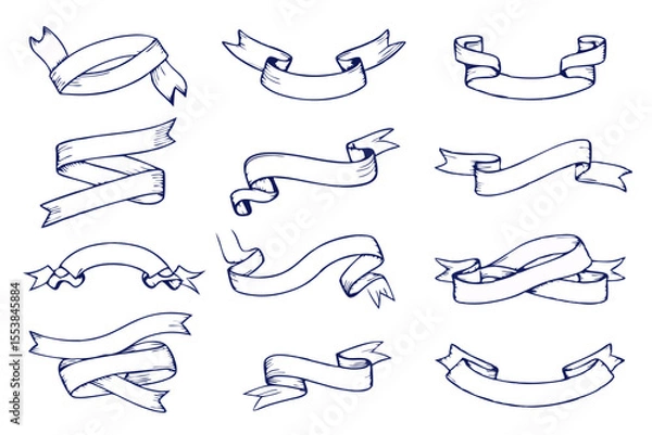Fototapeta Collection of hand drawn ribbon banners vector design elements for decoration use