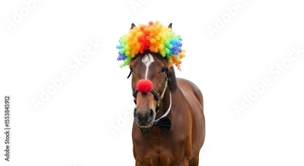 Obraz A horse dressed as a clown with a colorful wig, red nose, and bow tie. Humorous and surreal animal portrait on white background