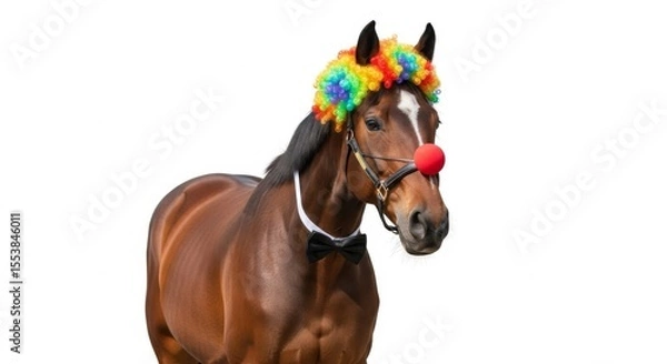 Obraz A horse dressed as a clown with a colorful wig, red nose, and bow tie. Humorous and surreal animal portrait on white background