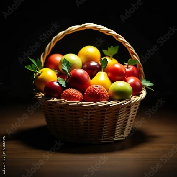 Fototapeta Artificial fruits lie in a wicker basket. Still life with dark lighting. Background