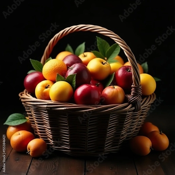 Fototapeta Artificial fruits lie in a wicker basket. Still life with dark lighting. Background