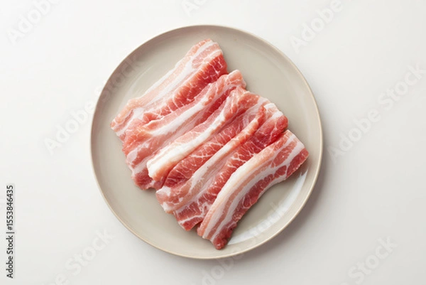 Obraz Sliced raw pork belly arranged neatly on white plate for food preparation