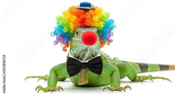Obraz A iguana dressed as a clown with a colorful wig, red nose, and bow tie. Humorous and surreal animal portrait on white background
