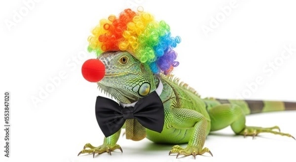 Obraz A iguana dressed as a clown with a colorful wig, red nose, and bow tie. Humorous and surreal animal portrait on white background