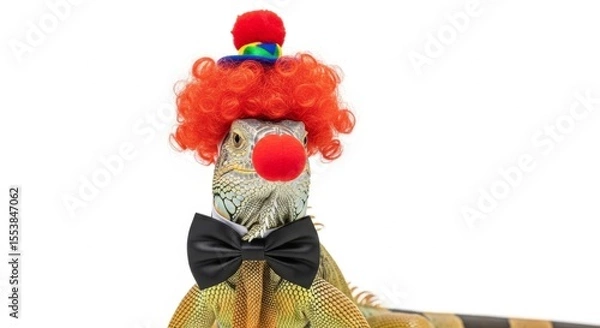 Obraz A iguana dressed as a clown with a colorful wig, red nose, and bow tie. Humorous and surreal animal portrait on white background