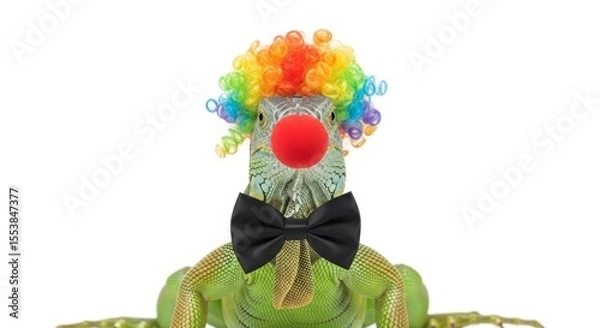 Obraz A iguana dressed as a clown with a colorful wig, red nose, and bow tie. Humorous and surreal animal portrait on white background