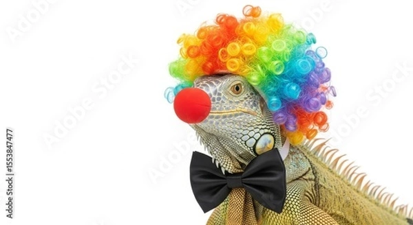 Obraz A iguana dressed as a clown with a colorful wig, red nose, and bow tie. Humorous and surreal animal portrait on white background