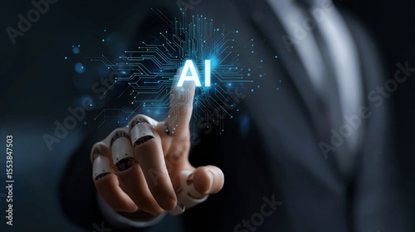 Fototapeta Interaction Between Human And Robotic Hand Touching AI Digital Interface With Glowing Circuit Patterns, Technological Collaboration In Business World