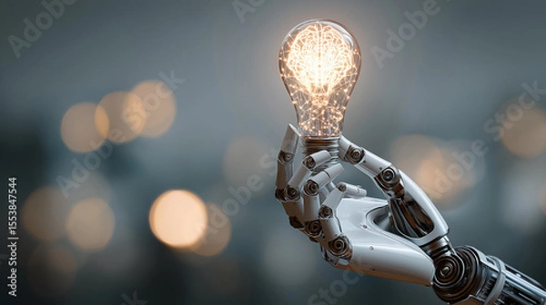 Fototapeta Robotic Hand Holding Glowing Light Bulb Symbolizing Artificial Intelligence, Innovation and Creative Technology Solutions