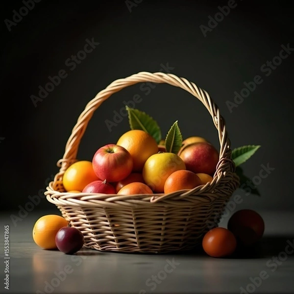 Fototapeta Artificial fruits lie in a wicker basket. Still life with dark lighting. Background