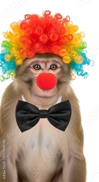 Obraz A monkey dressed as a clown with a colorful wig, red nose, and bow tie. Humorous and surreal animal portrait on white background