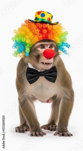 Obraz A monkey dressed as a clown with a colorful wig, red nose, and bow tie. Humorous and surreal animal portrait on white background