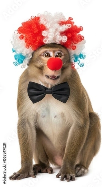 Obraz A monkey dressed as a clown with a colorful wig, red nose, and bow tie. Humorous and surreal animal portrait on white background