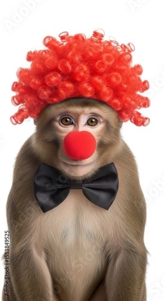 Obraz A monkey dressed as a clown with a colorful wig, red nose, and bow tie. Humorous and surreal animal portrait on white background