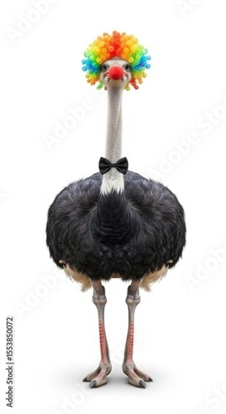 Obraz Ostrich dressed as a clown with a colorful wig, red nose, and bow tie. Humorous and surreal animal portrait on white background