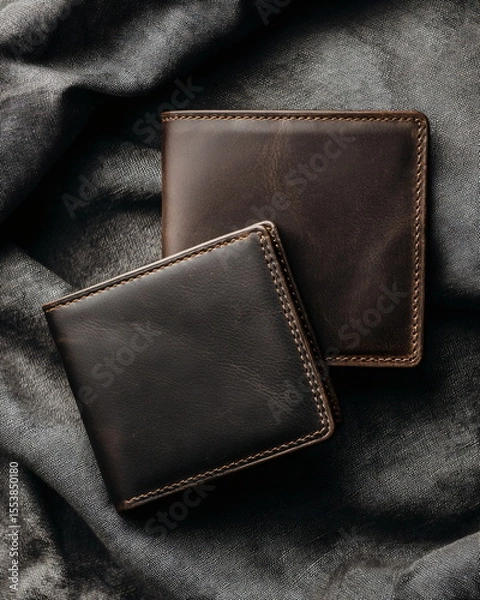Fototapeta high-quality leather wallet closed and open, clean flat lay