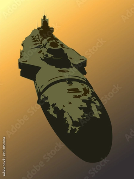 Obraz Futuristic illustration of a submarine in space, against a background colored in orange sunset. Vector illustration  For inspiration and creation of unique designs in a fantastic style