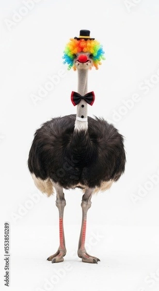 Obraz Ostrich dressed as a clown with a colorful wig, red nose, and bow tie. Humorous and surreal animal portrait on white background