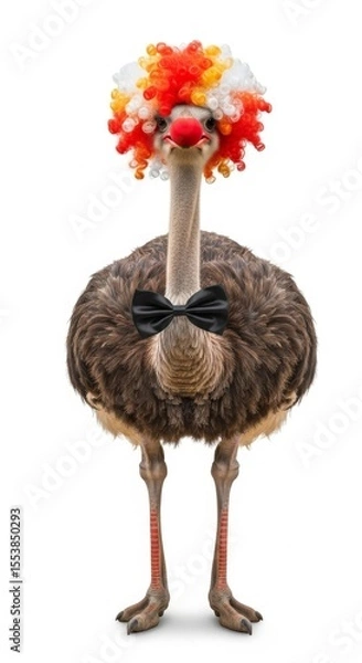 Obraz Ostrich dressed as a clown with a colorful wig, red nose, and bow tie. Humorous and surreal animal portrait on white background