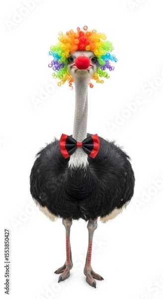 Obraz Ostrich dressed as a clown with a colorful wig, red nose, and bow tie. Humorous and surreal animal portrait on white background
