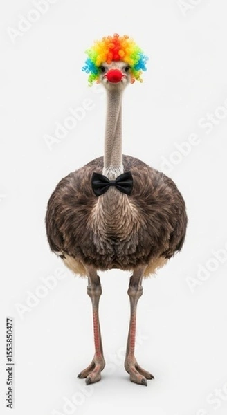 Obraz Ostrich dressed as a clown with a colorful wig, red nose, and bow tie. Humorous and surreal animal portrait on white background