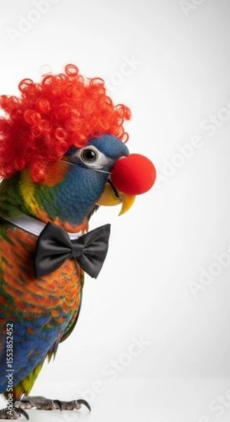 Obraz parrot dressed as a clown with a colorful wig, red nose, and bow tie. Humorous and surreal animal portrait on white background