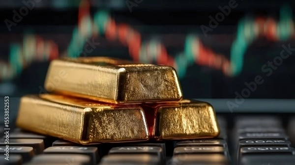 Fototapeta gold bars stacked on a trading platform with fluctuating market graphs in the background
