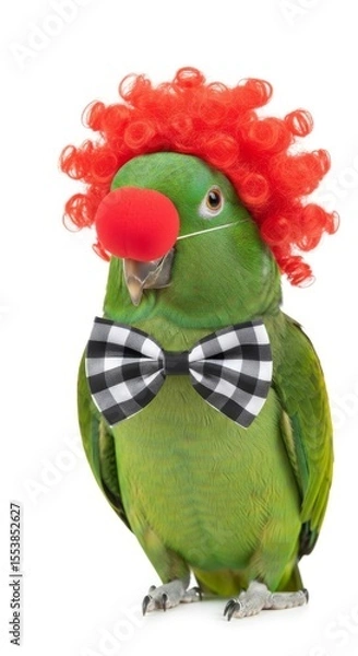 Obraz parrot dressed as a clown with a colorful wig, red nose, and bow tie. Humorous and surreal animal portrait on white background