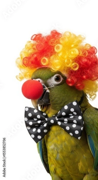 Obraz parrot dressed as a clown with a colorful wig, red nose, and bow tie. Humorous and surreal animal portrait on white background
