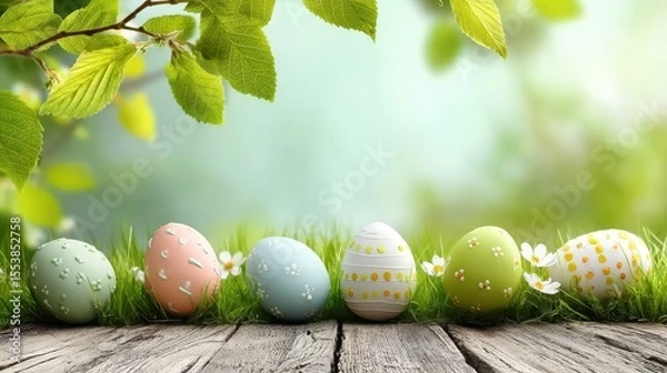 Fototapeta Five painted Easter eggs celebrate Happy Easter on a spring day with a green meadow of grass, bright sunlight, tree leaves