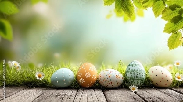Fototapeta Five painted Easter eggs celebrate Happy Easter on a spring day with a green meadow of grass, bright sunlight, tree leaves