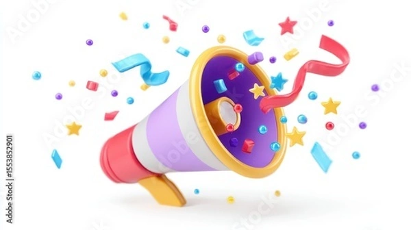 Fototapeta Party popper with explosion confetti. Birthday surprise. Megaphone with holiday news and events.