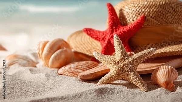 Fototapeta The summer concept of a sandy beach, straw hat, shellfish and starfish